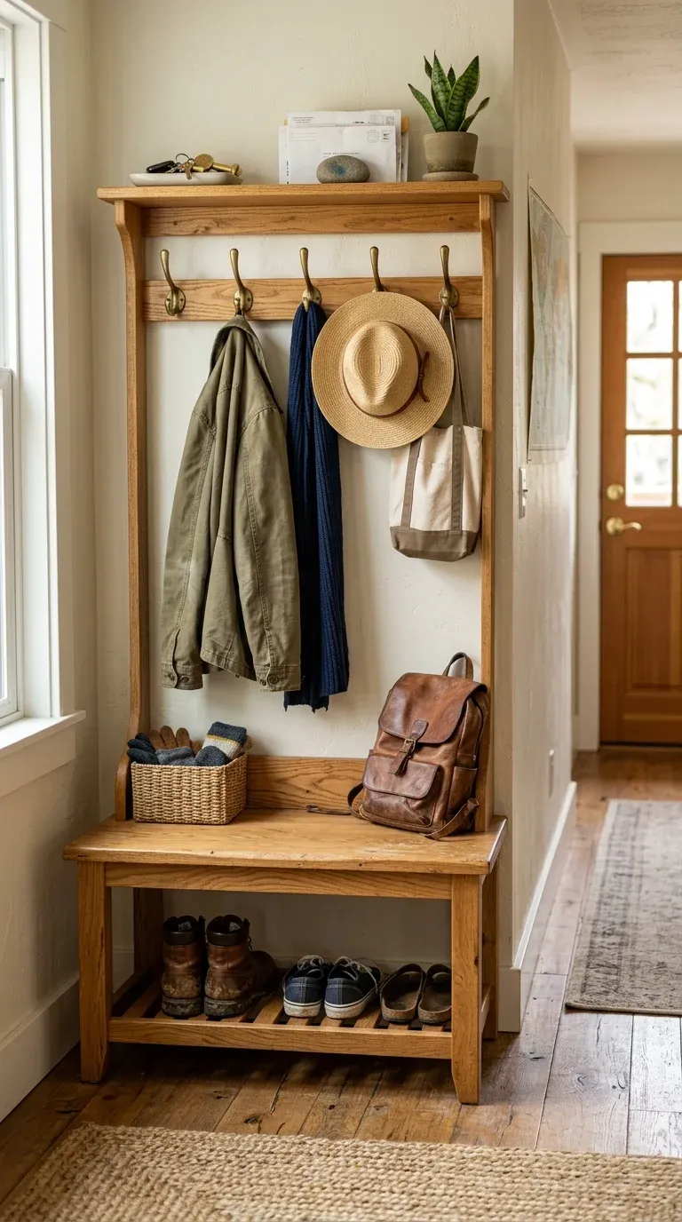 Original Photography: Real-world entryway setup with natural oak finish