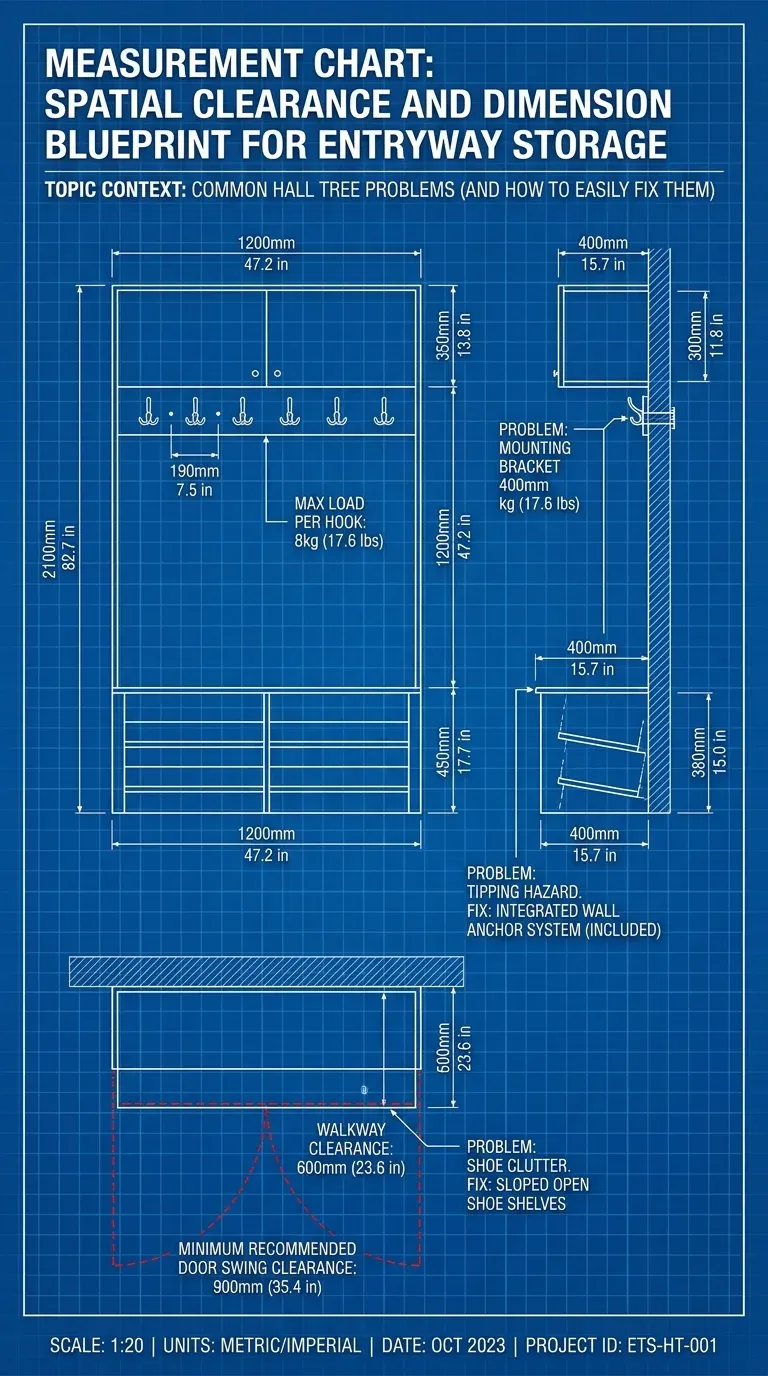 Measurement Chart: Spatial clearance and dimension blueprint for entryway storage