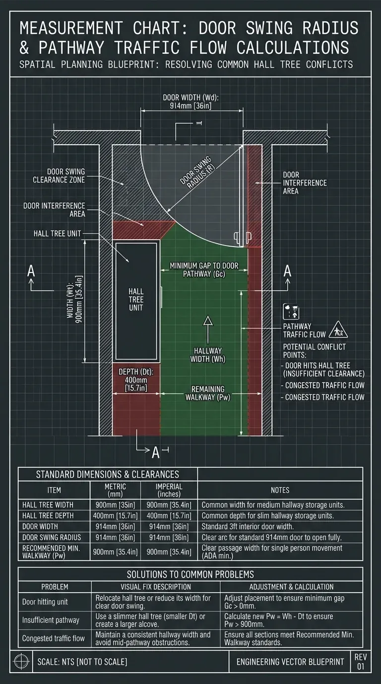 Measurement Chart: Door swing radius and pathway traffic flow calculations