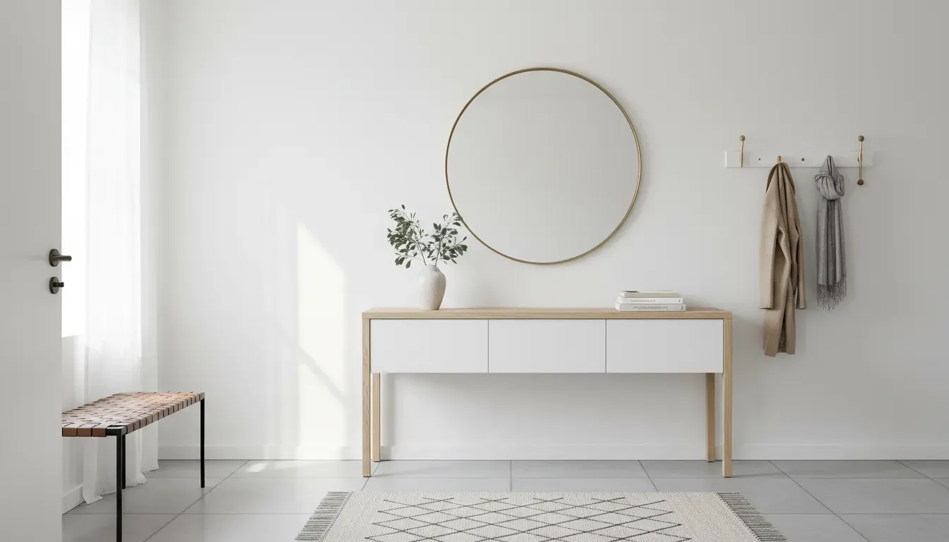 A bright Scandinavian style entryway featuring a white oak console table with seamless drawer fronts