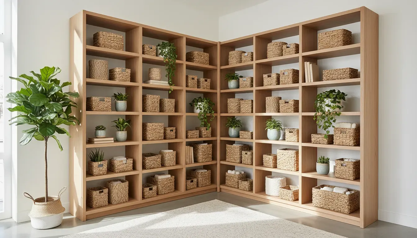 A floor-to-ceiling corner shelving unit made of light oak wood filled with woven baskets and potted plants