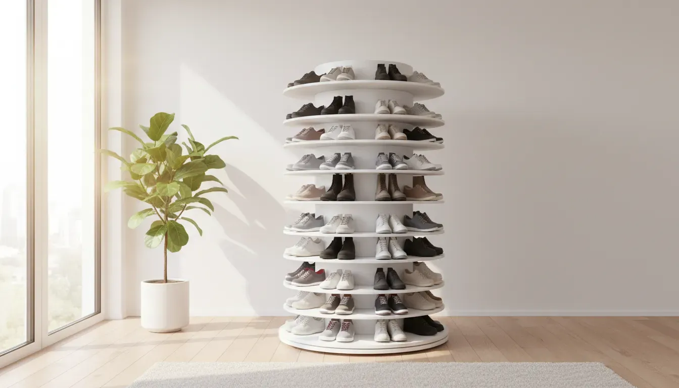 A modern white rotating shoe tower placed in a corner with natural light highlighting the organized footwear