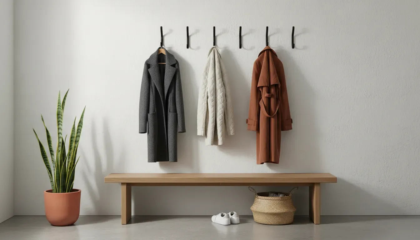 A minimalist entryway corner featuring a sleek bench and wall hooks with a seasonal rotation of coats