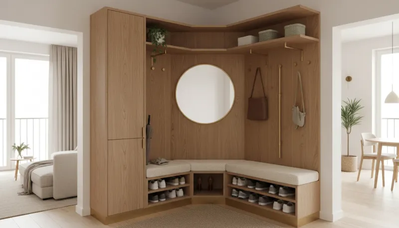 A stylishly organized corner entryway featuring floating shelves and a sleek bench in a small apartment setting.