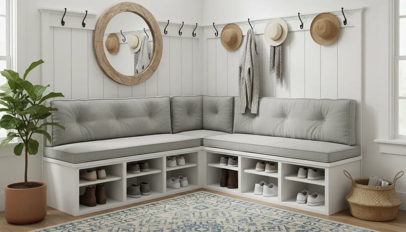 A white corner bench with cushion and underneath shoe cubbies in a farmhouse style entryway