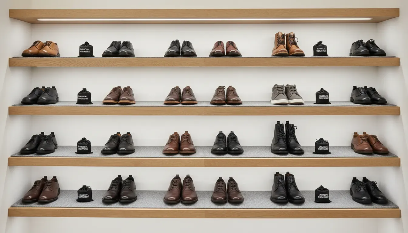 Detailed shot of organized shoes on shelves with charcoal deodorizer bags and shelf liners