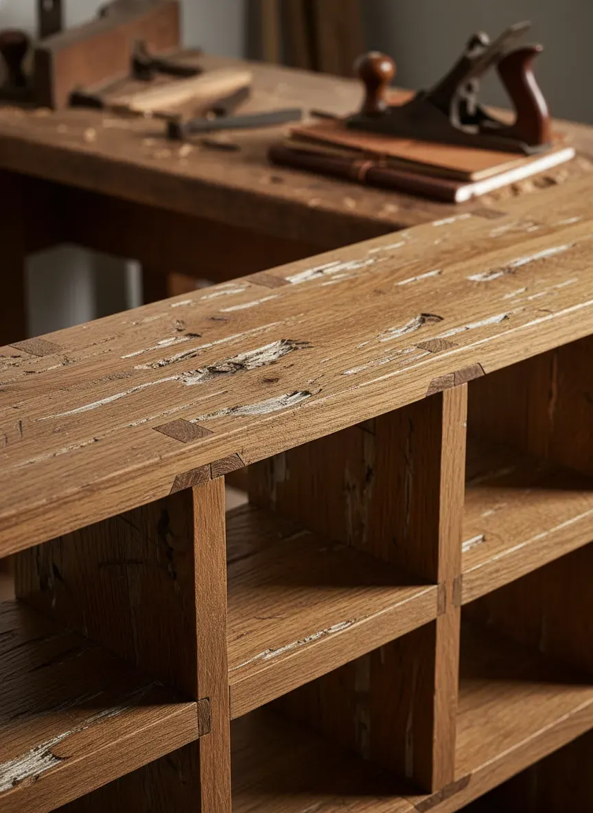 Close-up of reclaimed oak cubby joinery showing natural grain patina