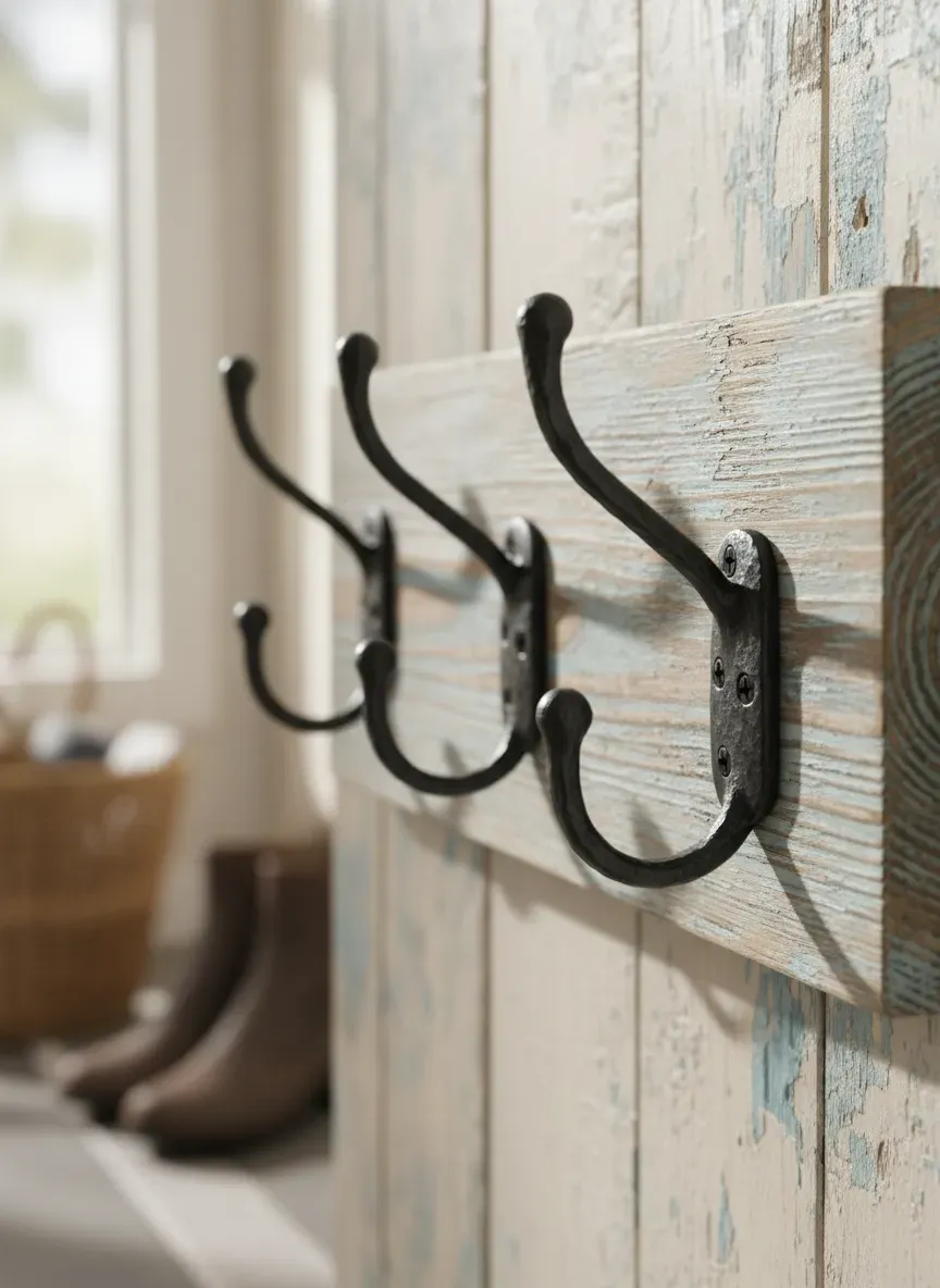 Wrought iron hooks mounted on a distressed pine entryway backboard