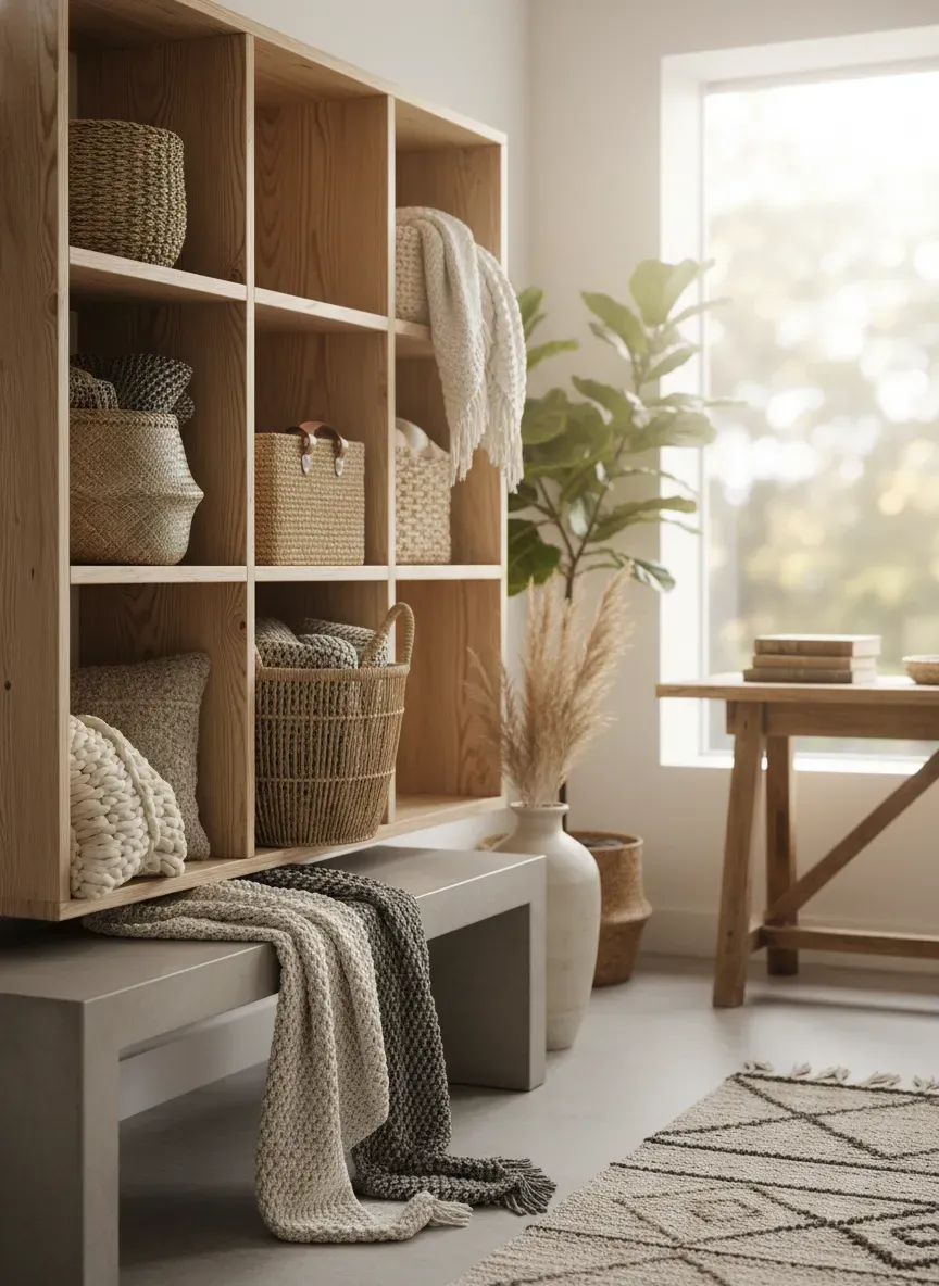 Stylized natural entryway featuring wooden cubbies, woven baskets, and wool textiles