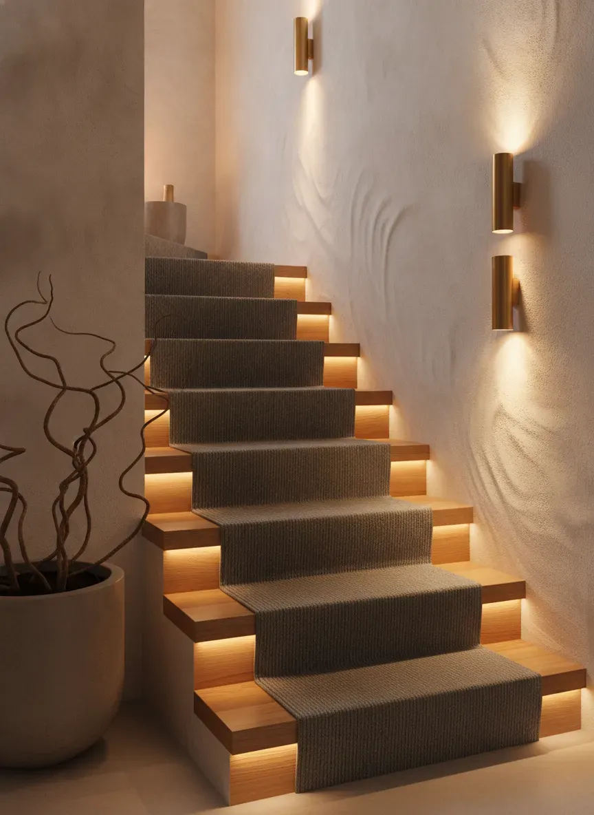 Warm lighting casting soft glows on a minimalist staircase runner and wall