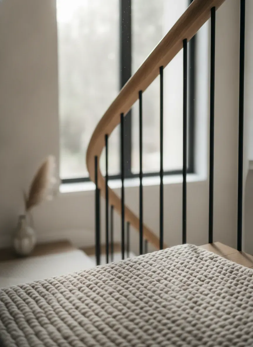Tactile staircase details including a soft natural wool runner and wooden handrail