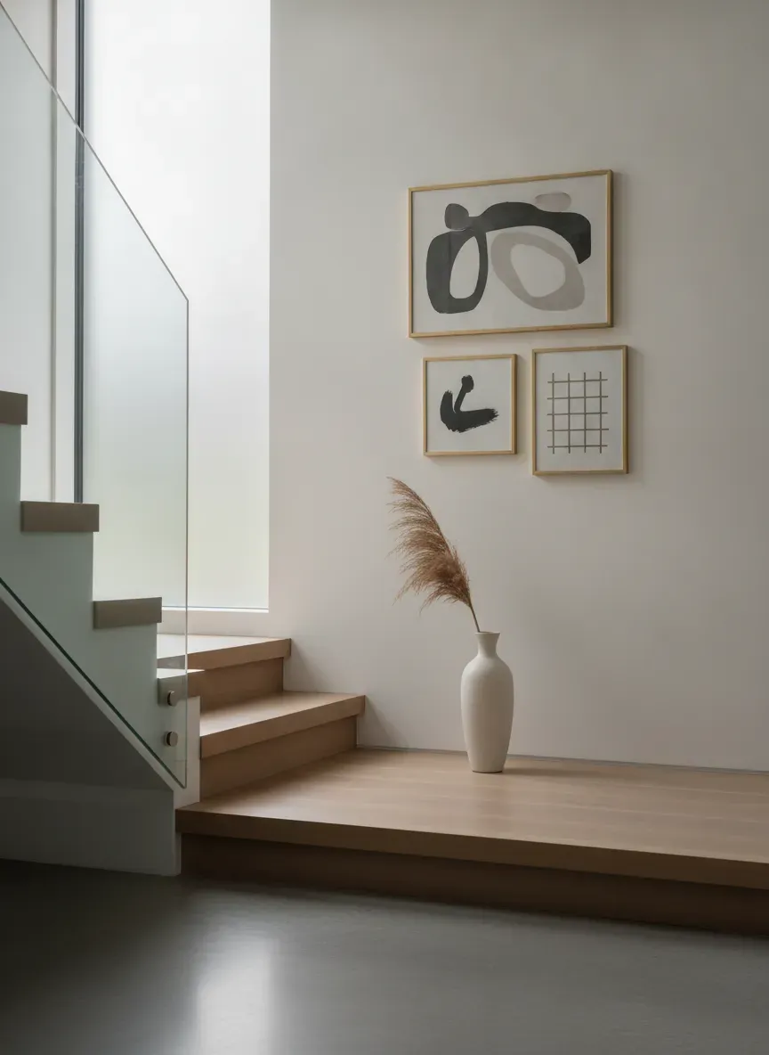 Elegant minimal staircase landing with a single tall vase and curated wall art