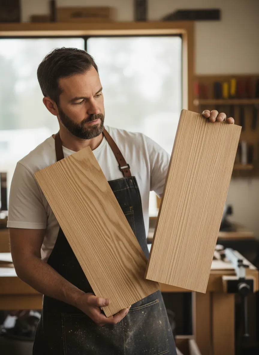 Selecting the perfect quartersawn white oak boards for the seat and leg assemblies.