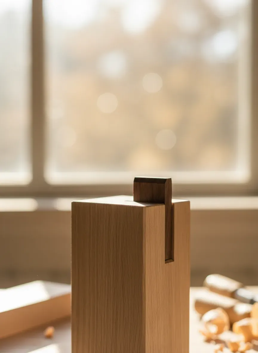 Detailed view of a wedged through-tenon joint, showing contrasting walnut wedges in white oak.