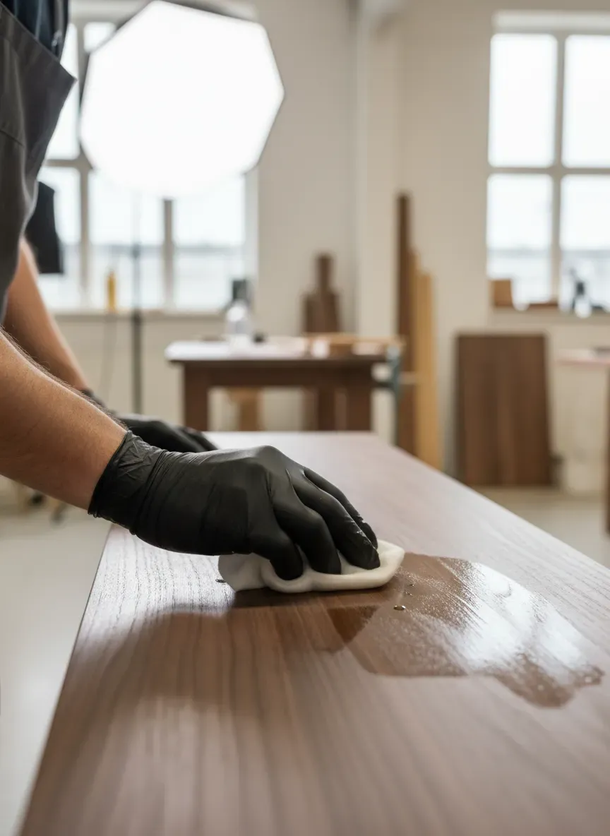 Applying a hard wax oil finish to a walnut bench, showcasing the deep, rich color development.