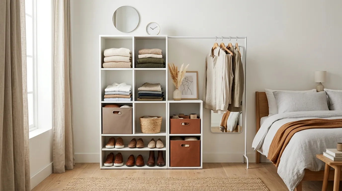 Minimalist bedroom with 6-cube storage organizer holding folded clothes, shoes, and fabric bins