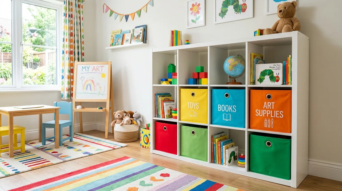 Bright kids' playroom with color-coded cube storage bins labeled for toys, books, and art supplies