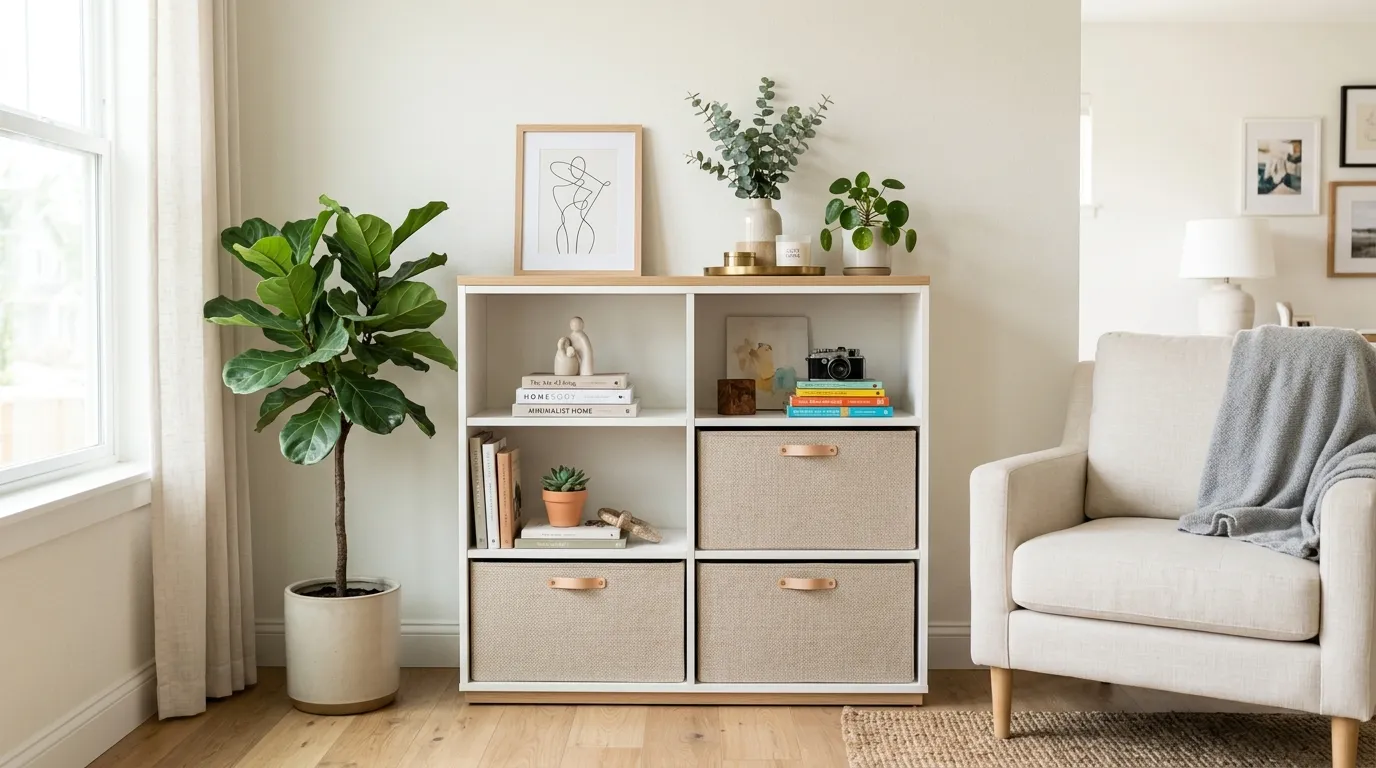 Cube storage organizer styled in a bright living room with fabric bins and open decorative displays