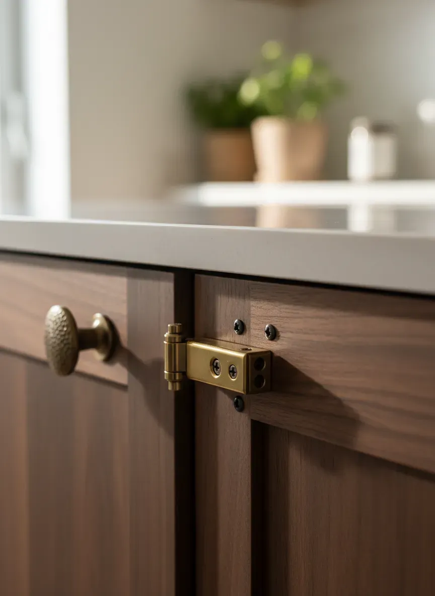 Detailed close-up of custom cabinetry hardware showing soft-close hinges and durable wood finishes