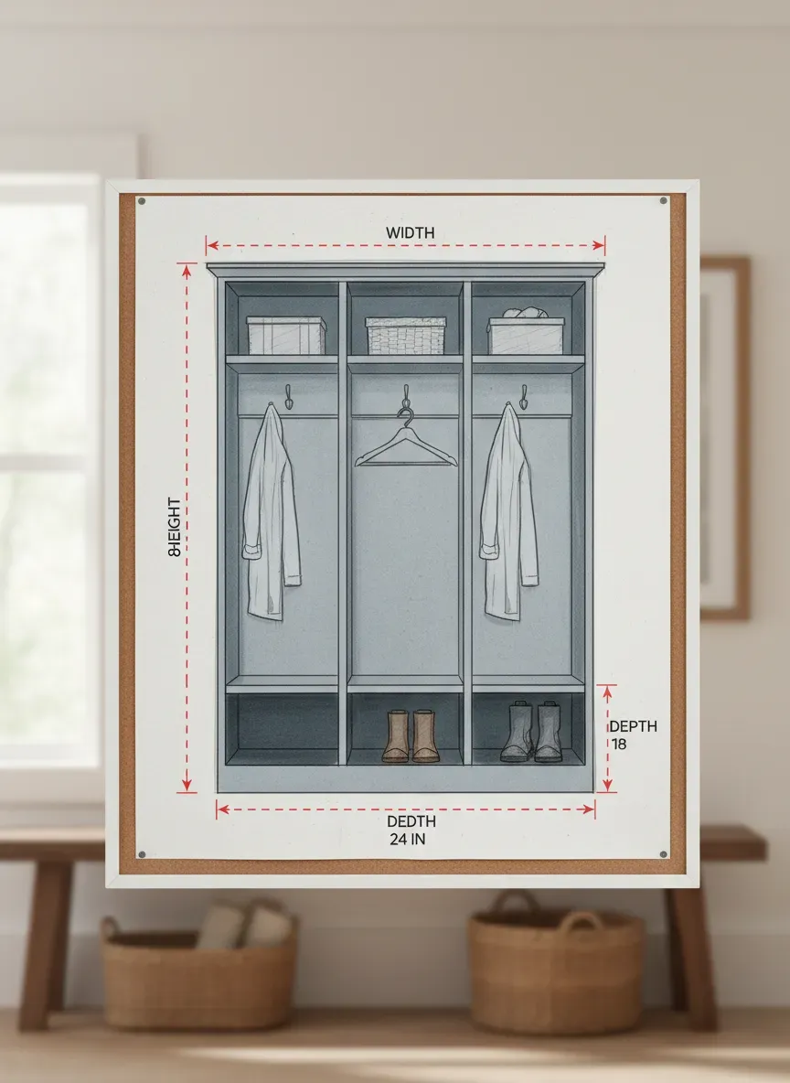 Detailed schematic of mudroom locker dimensions showing height, width, and depth considerations