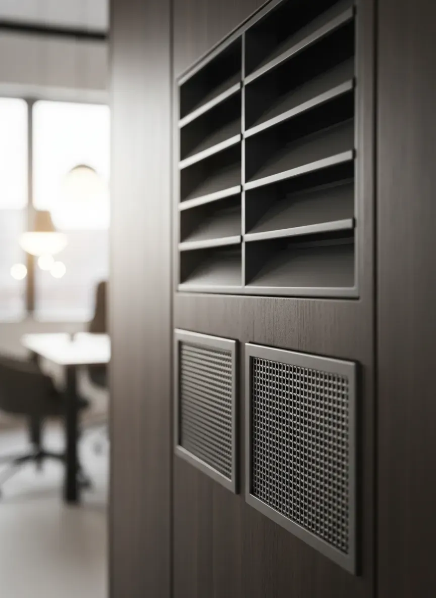 Close up of louvered vents and mesh inserts in a custom locker design