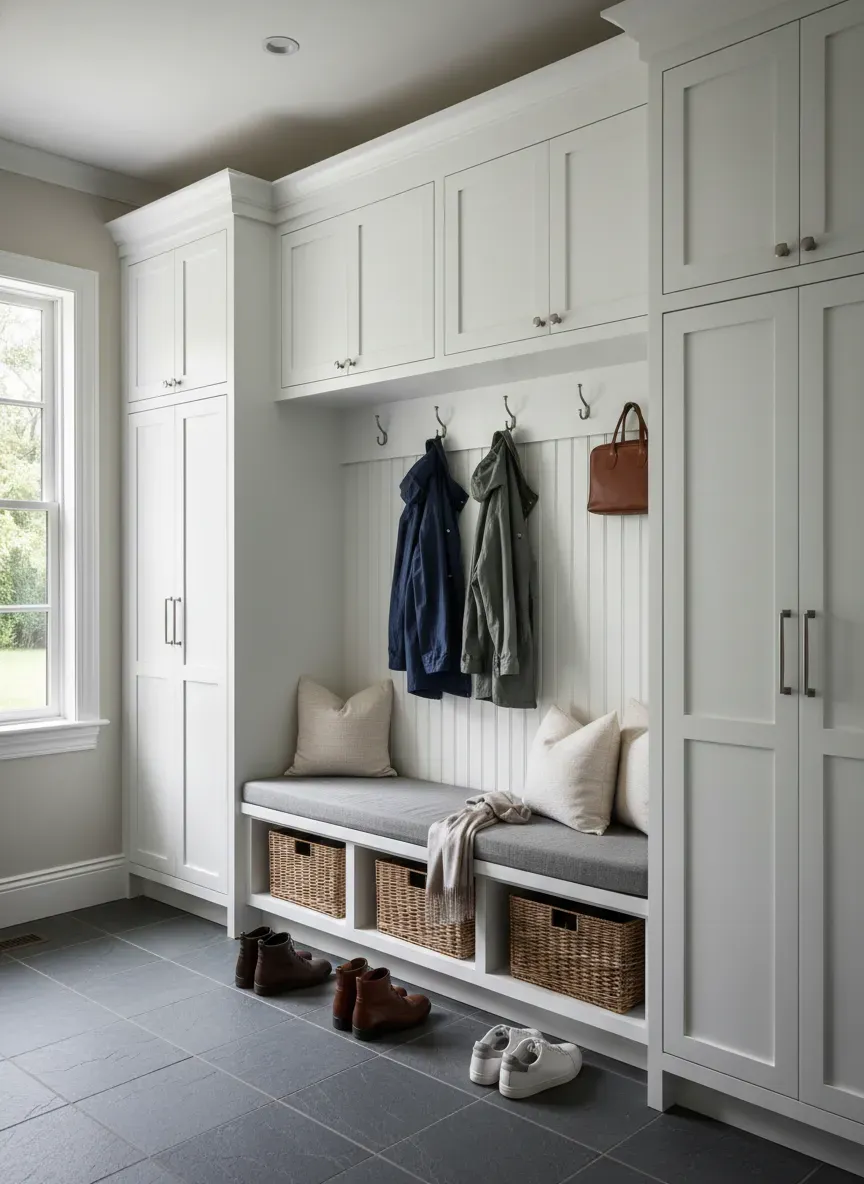 Custom built-in mudroom cabinets with integrated bench and wainscoting
