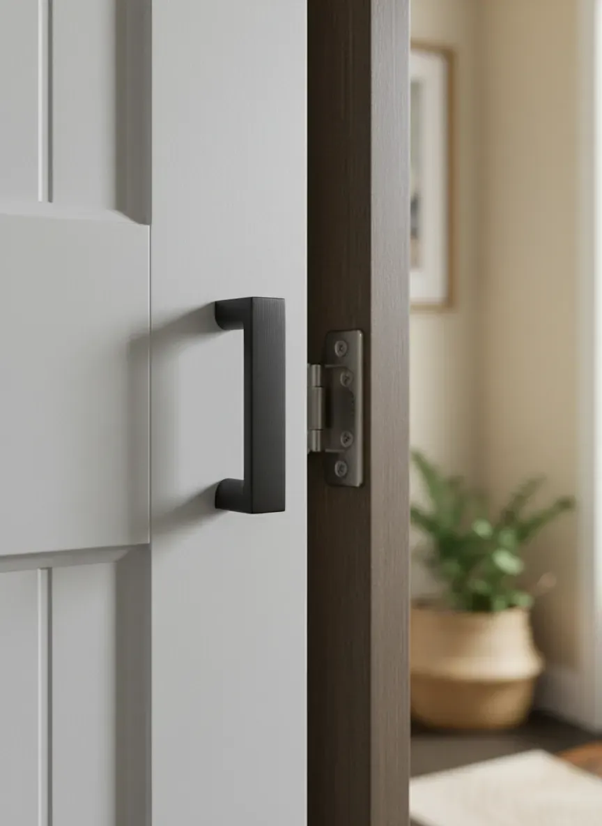 Detailed close-up of mudroom locker hardware and soft-close hinges