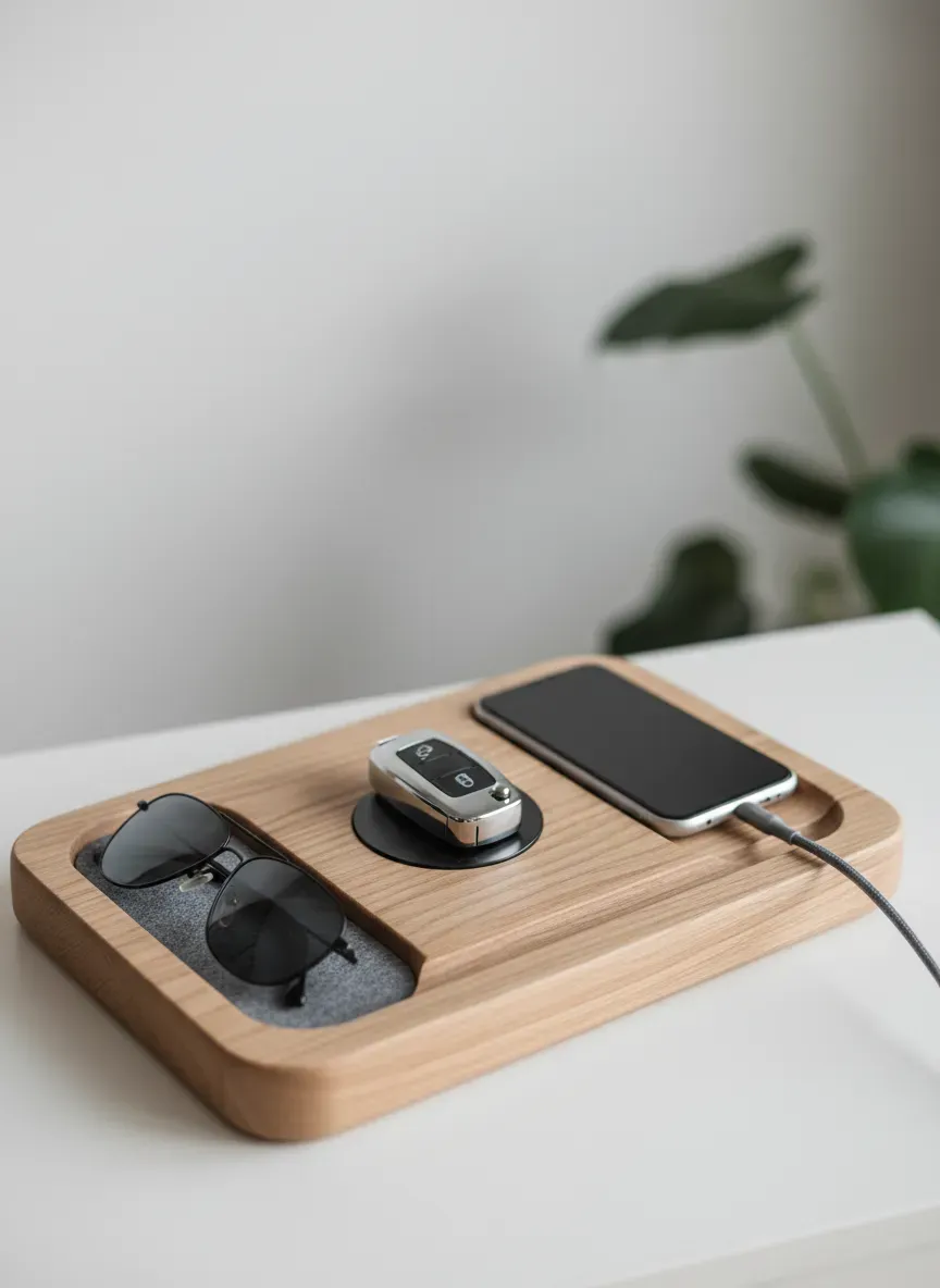 A close-up shot of a minimalist entryway catchall tray featuring specialized compartments for sunglasses, a magnetic dock for car fobs, and a hidden channel for charging cables.