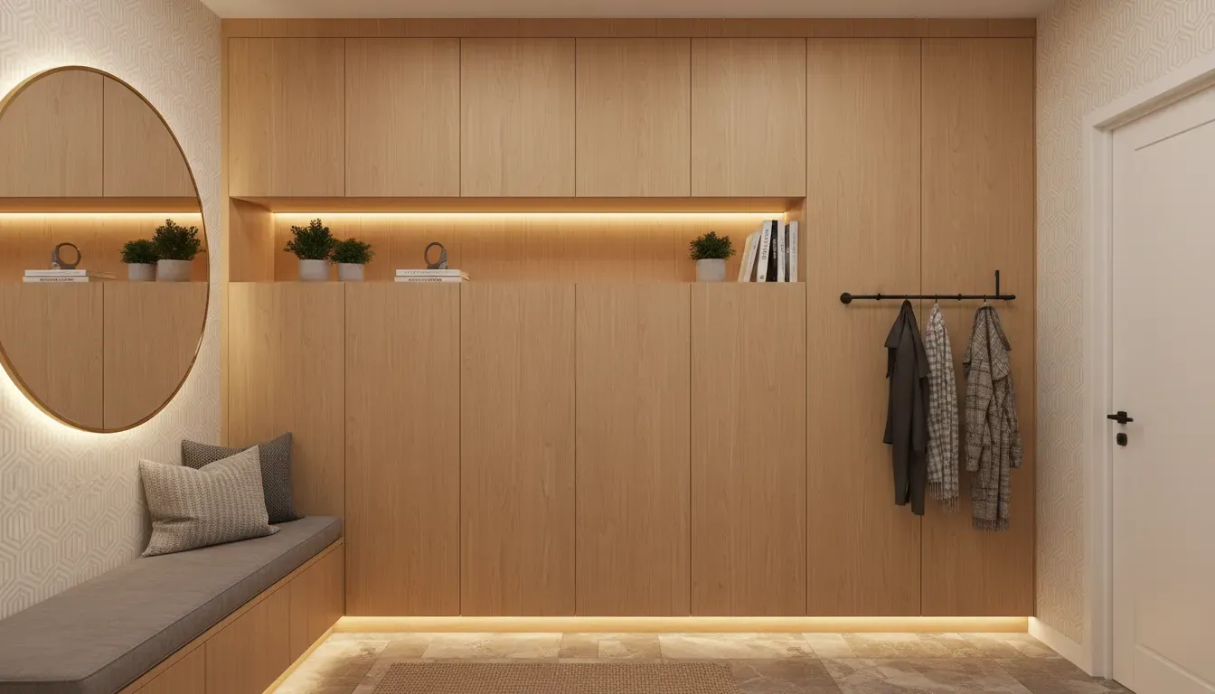 Modern small apartment entrance with built-in cabinetry and warm lighting