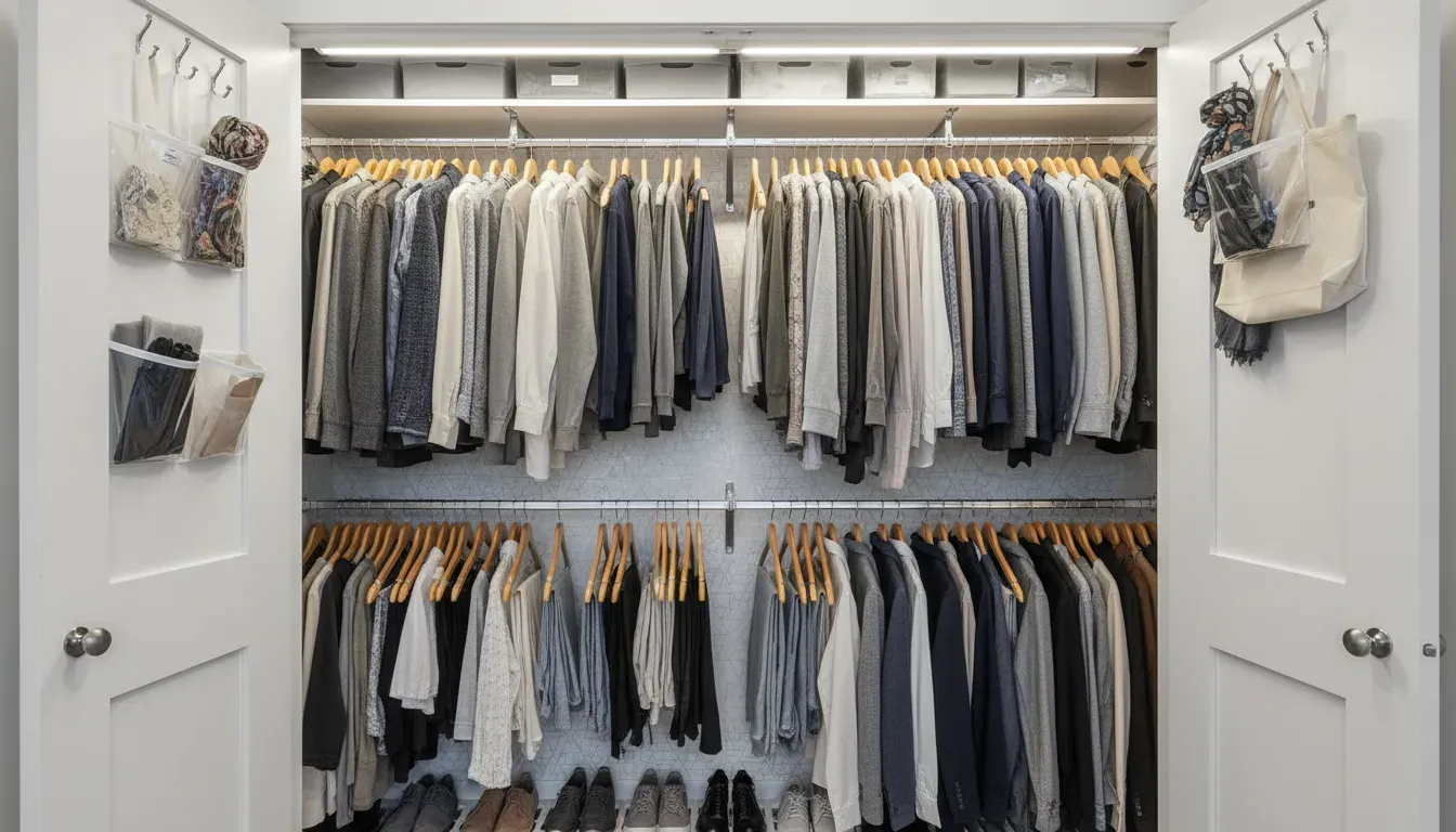 Interior view of a reorganized small coat closet with double rods and door storage