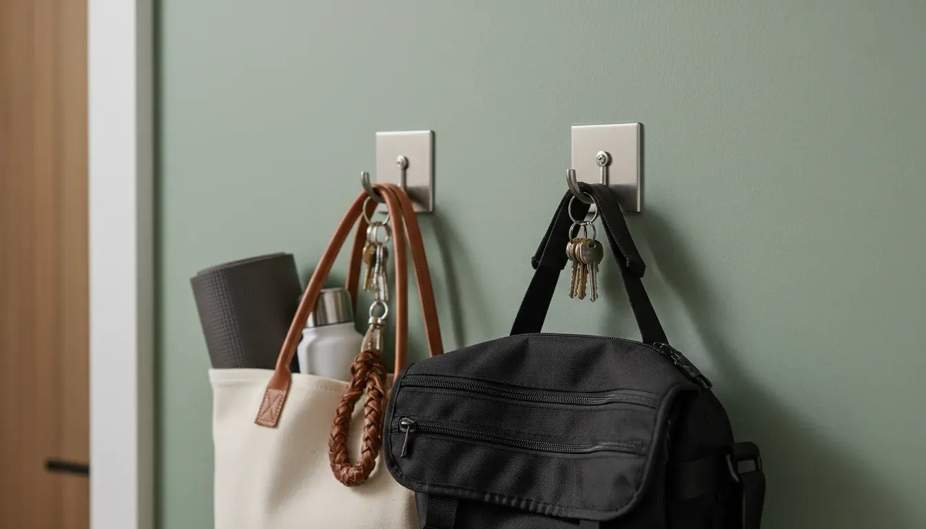 Close up of heavy duty adhesive hooks holding bags and keys on a painted wall