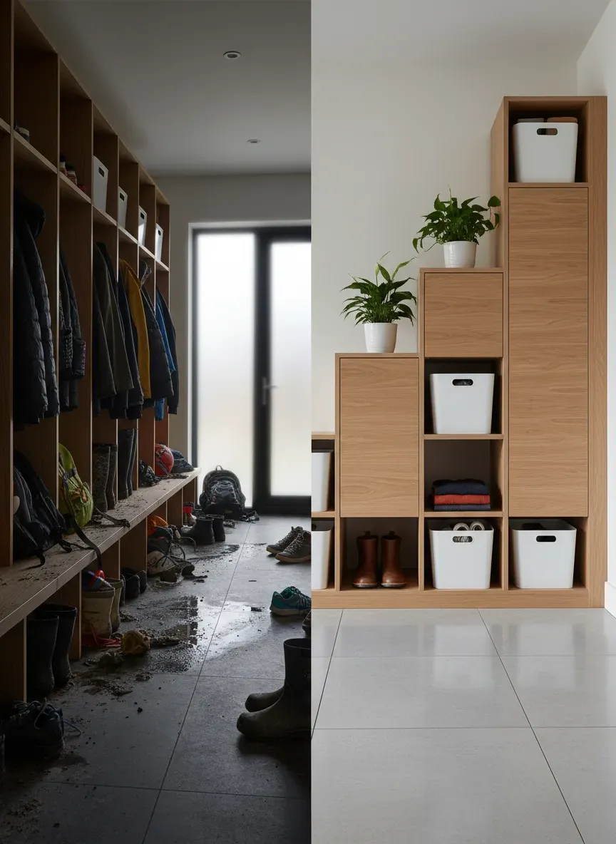 Photo of a messy mudroom with shallow lockers vs a clean stepped design