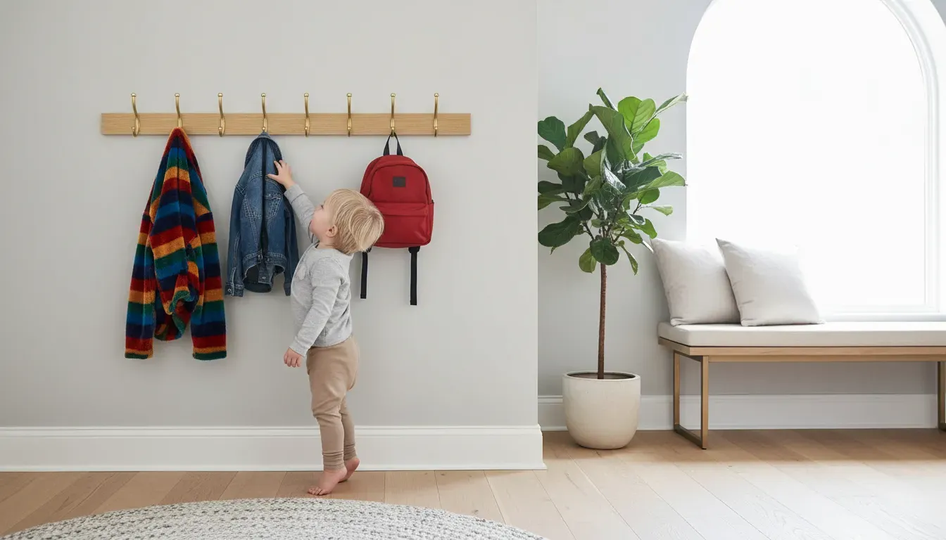 A wooden rail with low hooks installed in a bright entryway, showing a toddler reaching for a colorful jacket