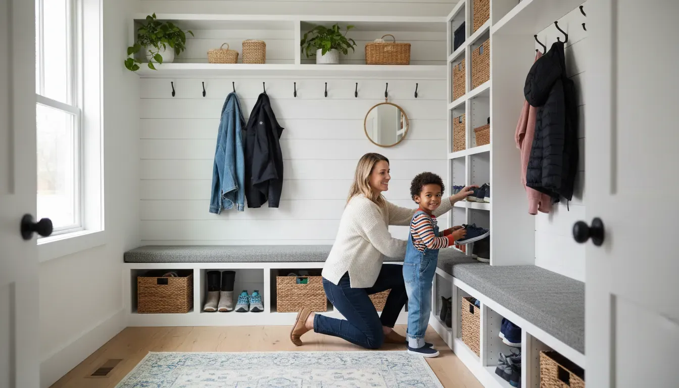 A parent and child putting away shoes together in a well-organized mudroom