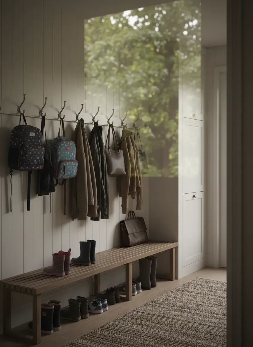 A split-level mudroom design showing low hooks for children and high hooks for adults