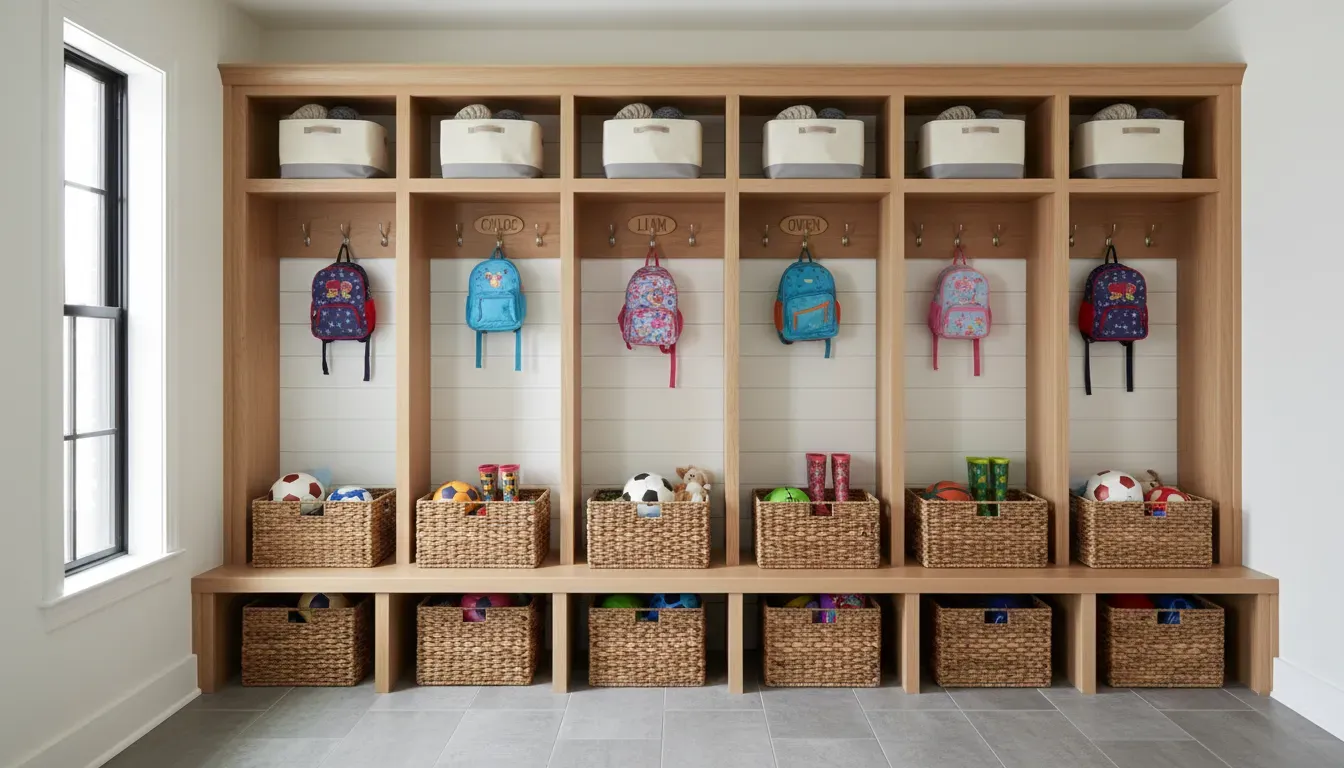 Three distinct mudroom lockers labeled with names, showing low hooks for children and open baskets