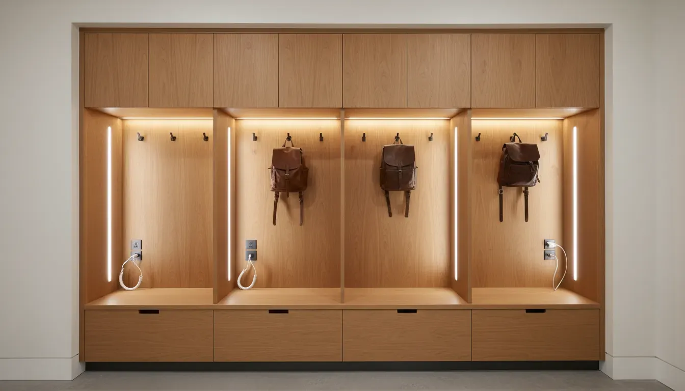 Modern mudroom locker with integrated LED lighting strips and charging ports