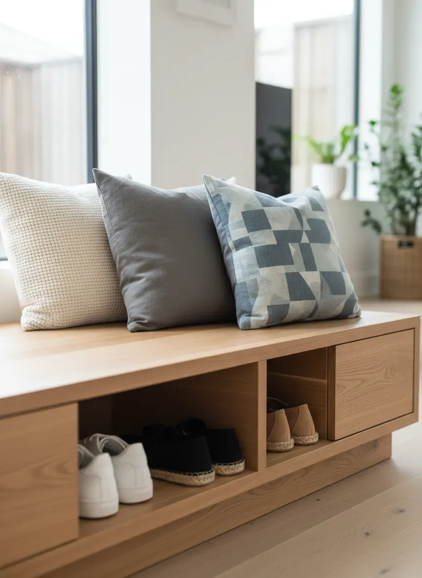 Finished bench with shoes stored inside and pillows on top