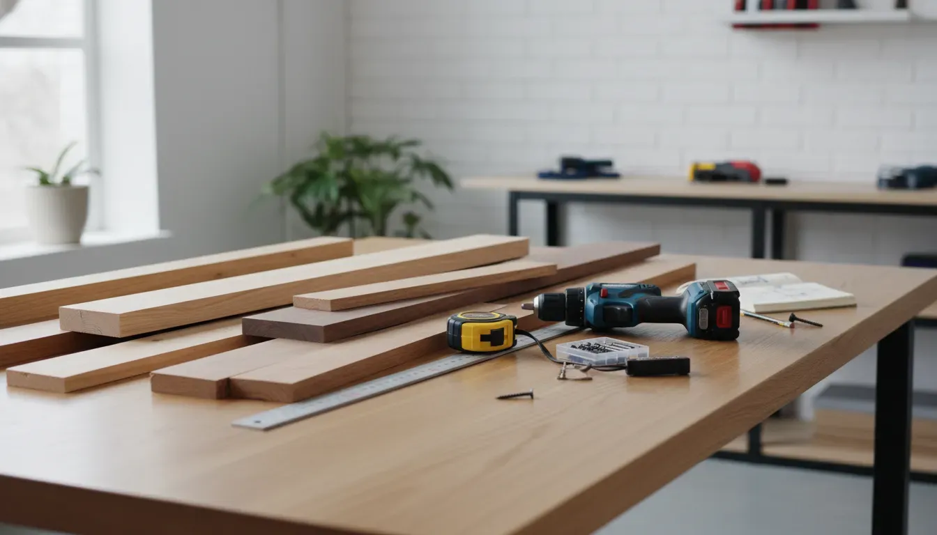 A collection of lumber, measuring tape, and a cordless drill laid out on a workbench