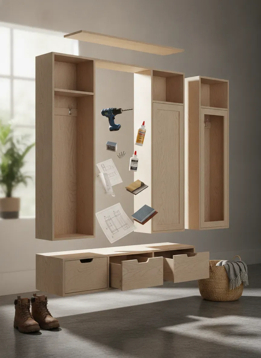 Exploded view of a custom DIY mudroom locker cabinet layout
