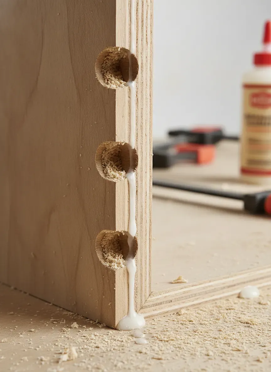 Detailed joint assembly showing pocket holes and wood glue in cabinet carcass