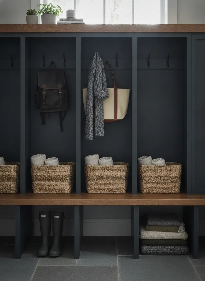 Finished custom mudroom locker painted in modern charcoal grey with oak bench top