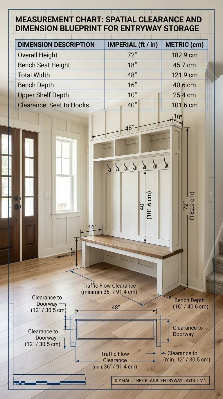 Measurement Chart: Spatial clearance and dimension blueprint for entryway storage