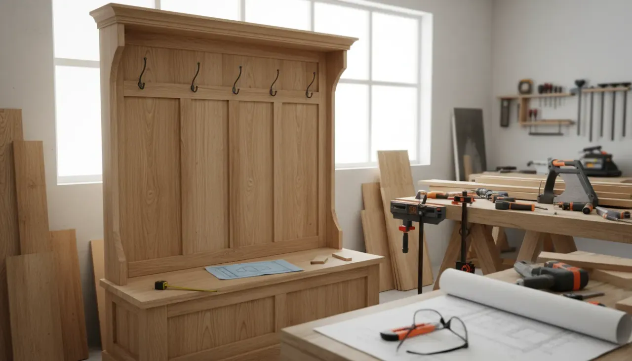 A beautifully finished white DIY hall tree with bench storage and black hooks in a modern entryway