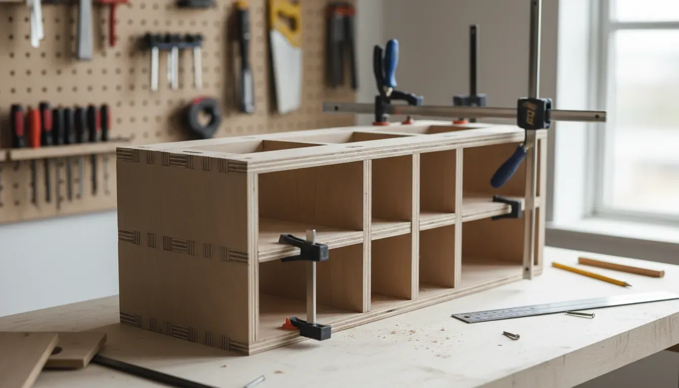 A detailed close-up of a woodworking project showing a plywood shoe bench frame under construction