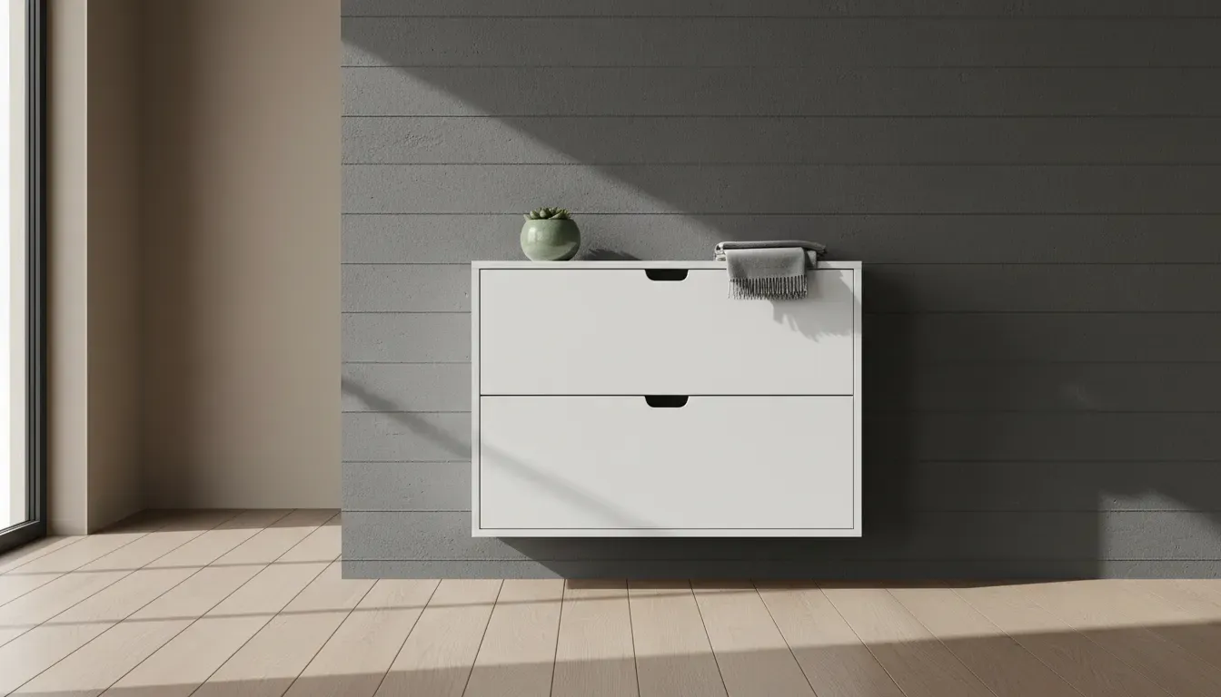 A sleek, slim-profile white tilt-out shoe cabinet mounted against a dark accent wall