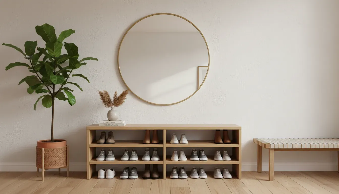 An aesthetically styled entryway with a round mirror, a plant, and a custom wooden shoe rack