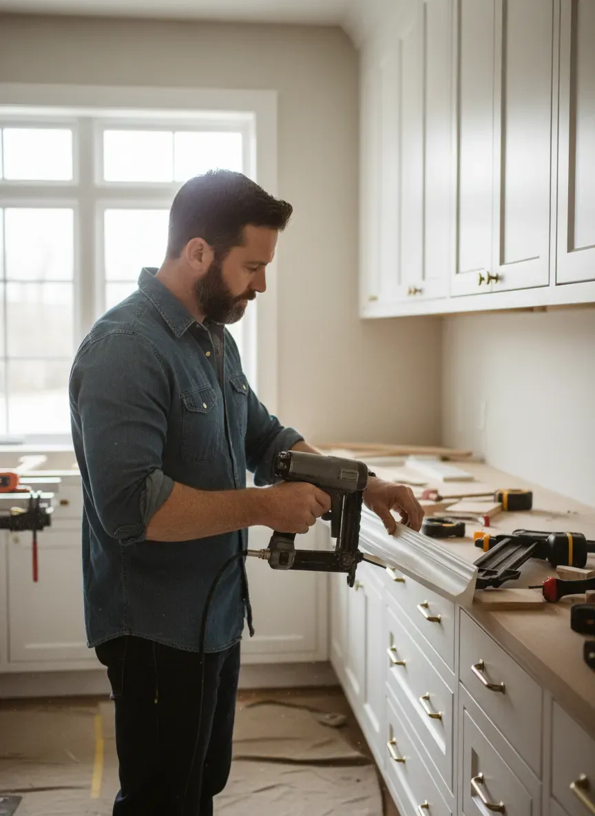 Professional carpenter installing bespoke mudroom cabinetry with crown molding
