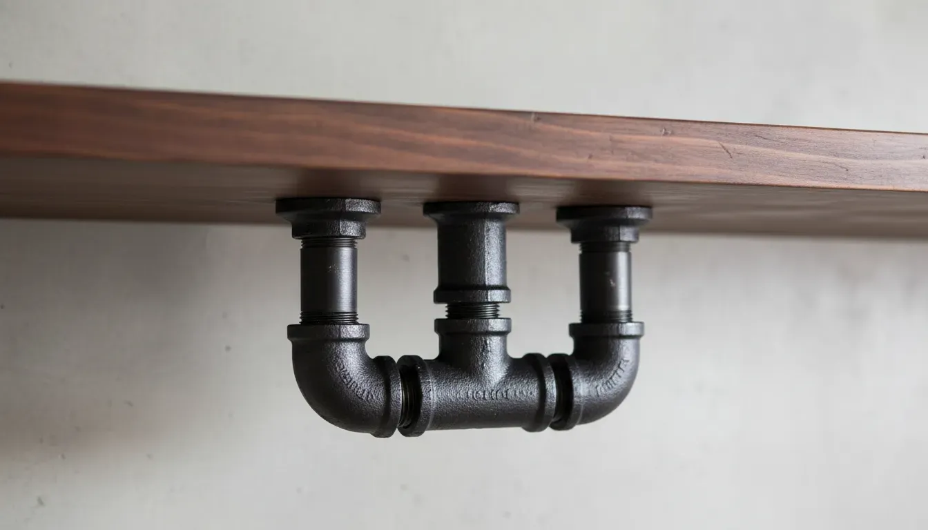 A close up detail of industrial black iron pipe fittings attached to a stained wood shelf