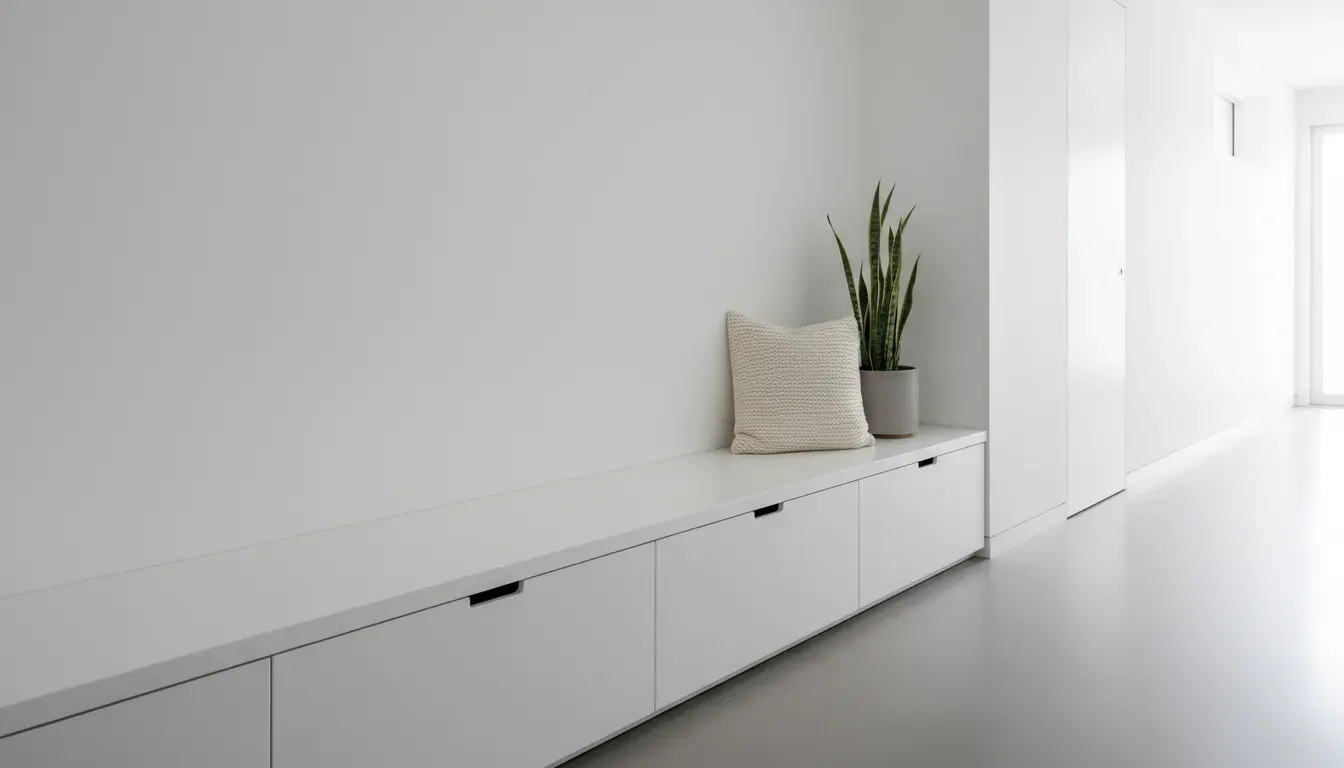 A minimalistic white hallway featuring a long bench with three large storage drawers, styled with a throw pillow and a plant.
